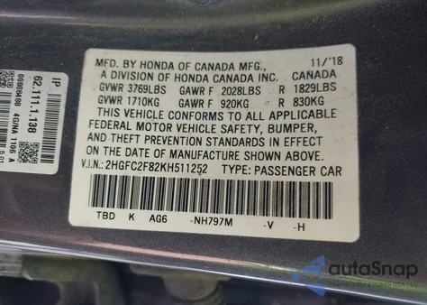 2019 Honda Civic Sport z USA, uszkodzony, nr VIN 2HGFC2F82KH511252